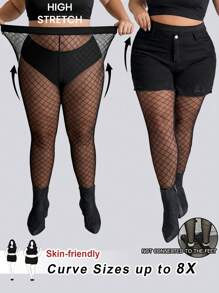 SHEIN CURVE+ CURVE PLUS /情人节/加大码女士透明网纱性感迷人黑色打底裤，情人节 - 黑色 - 查看 1
