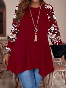 EMERY ROSE Casual Minimalist Allover Floral Print Plus Size T-Shirt