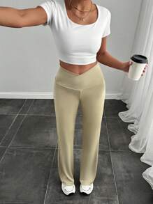 SHEIN Women's Solid V Waist Flare Leg Pants - Beige - View 3