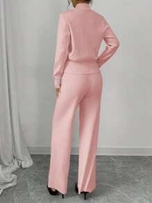 Chiquease Solid Color Loose Elegant Women Autumn Set, 2pcs Suits Long Sleeve Knit Sweater & Pants Set, Cardigan Coat Sweater Jacket Outfit