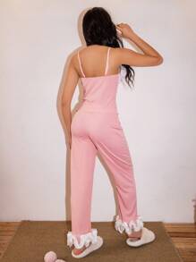 SweetSlumber Conjunto de ropa de dormir de estilo colorblock con volantes para mujer