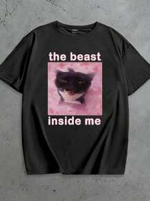 INAWLY Funny Cat Meme Print Plus Size Women T-Shirt, Gift, Cute Cat Expression Graphic Tee, Novelty Cat Design Tee, Humorous Cat T-Shirt, Summer - Black - View 1