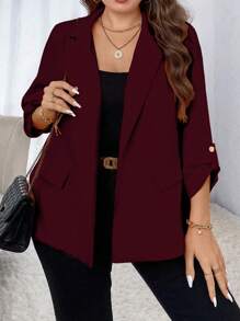 SHEIN Unity Plus Size Solid Color Rolled Sleeve Blazer Graduation,Back To School,Teacher Outfits For Women Fall Cloth For Women Autumn - Burgundy - View 1