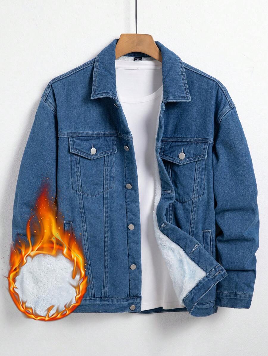 Manfinity Homme 男士休闲简约牛仔夹克，适合日常穿着 - 中等水洗藍 - 查看 1