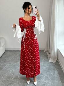 Modelyn 女款编织印花圆领撞色收腰 A 字连衣裙