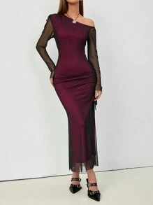 SHEIN Unity 女士不对称领口网眼拼布褶皱修身连衣裙 - 彩色 - 查看 6
