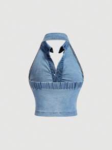 SHEIN MOD Women's Plain Denim Casual Blouse, Stylish For Daily Wear - Blue - View 2