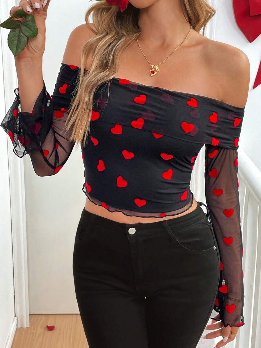 SHEIN Frenchy Women's Heart Patterned Mesh Off Shoulder Ruffle Long Sleeve Fashionable Blouse Valentine's Day Dating Outfits Women's Strapless Love Pattern Long Sleeve Sheer Mesh Top Valentine's Day Holiday Clothing Vacation Outfits Woman Long Sleeve Tops Off The Shoulder Top Red Top Tops    Valentines Clothes   Heart  Top    Casual Daily Heart Print Loose For Women, Long Sleeve, Spring/Autumn Spring/Autumn  Spring Clothes  Summer Tops Women Christmas Winter Thanks Giving