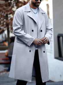 Manfinity Homme Abrigo casual de talla grande para hombre con botones al frente, manga larga y bolsillo, de color liso
