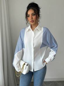 Elenzga Camicia a maniche lunghe da donna con patchwork a righe e bottoni
