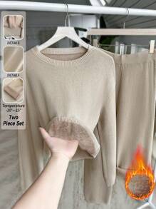 Pariaura 2 件圆领蓬松休闲宽松针织阔腿裤和毛衣套装，时尚秋冬 - 杏色 - 查看 6