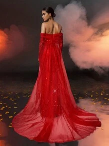 Glamrae Elegant Red Luxurious Three-Dimensional Sequined One-Shoulder Mesh Long-Sleeved Fishtail-Shaped Back Panel With Extra-Large Floating Panels And Tail New Year's Eve Lady's Heavy-Duty Dinner Dress - Red - View 3