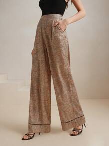 Anewsta 优雅休闲佩斯利花纹豹纹宽裤 - 卡其色 - 查看 1