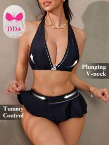 Swim DD+ Summer Women's Sweet & Spicy V-Neck Pleated Bikini Set - Beige - View 1