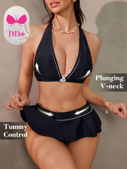 Swim DD+ Conjunto de bikini plisado con escote en V dulce y picante para mujer de verano