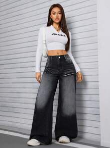 SHEIN Tall Women's Simple Front Button Pocket Wide Leg Jeans, Casual Everyday Wear