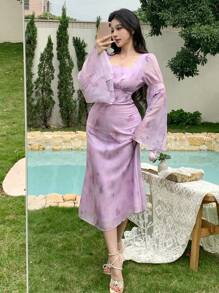 DAZY Spring New Arrival Valentine's Day Plant Print Waist Cinched Sundress, Muse Dress, Vacation Style For Women Floral Elegant,Fall Dress Long Sleeve Dress - Purple - View 3