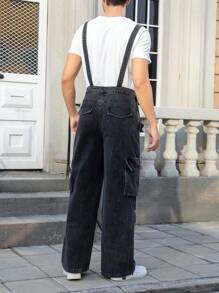 Manfinity Homme Pantalones de peto vaqueros holgados de pierna ancha con bolsillos cargo, casuales para hombres - Negro - Ver 2