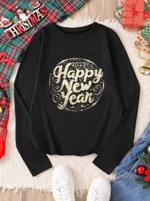 SHEIN 女士圆领长袖印花主题字母卫衣,家庭套装 (4件单独出售),秋冬 - 黑色 - 查看 1