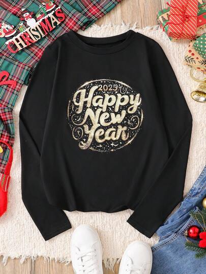 SHEIN Women's Crew Neck Long Sleeve Printed Theme Letter Sweatshirt, Family Matching Outfits (4 Pieces Are Sold Separately), Autumn/Winter Fall Cloth For Women