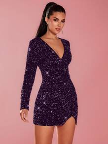 Glamine Women's Fashionable Deep V Neck Sequin Mini Bodycon Dress For Holiday Party Clothes Mini Dress, Valentine Day,