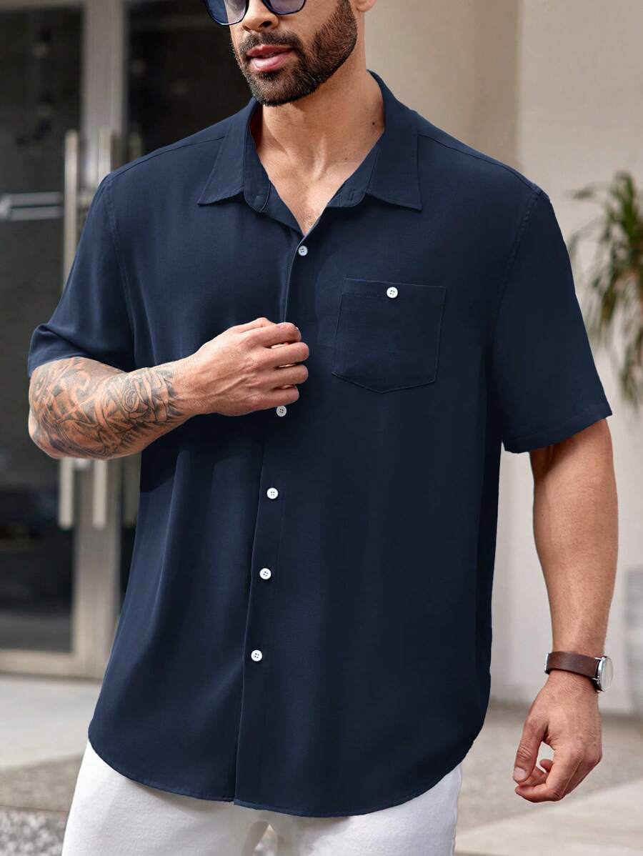 EASEVO Plus Size Woven Casual Short Sleeve Blue Shirt - Navy Blue - View 1