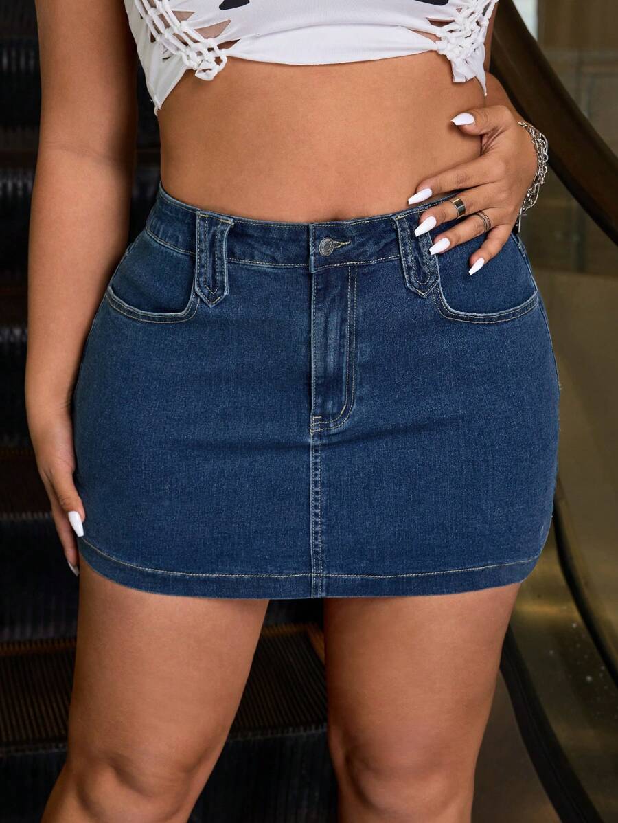 SHEIN ICON Plus Size Y2k Style Stretch Denim Mini Skirt, Casual For Summer - Dark Wash - View 1