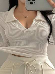 Dazy Plus V-Neck Ribbed Fabric Fitted Long Sleeve T-Shirt, Spring/Summer/Autumn - Apricot - View 1