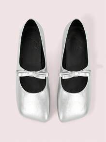CUCCOO DOLLMOD Women's Cute Minimalist Flat Shoes With Oblique Square Toe, Silver Color, Bowknot Decor Valentine's Day