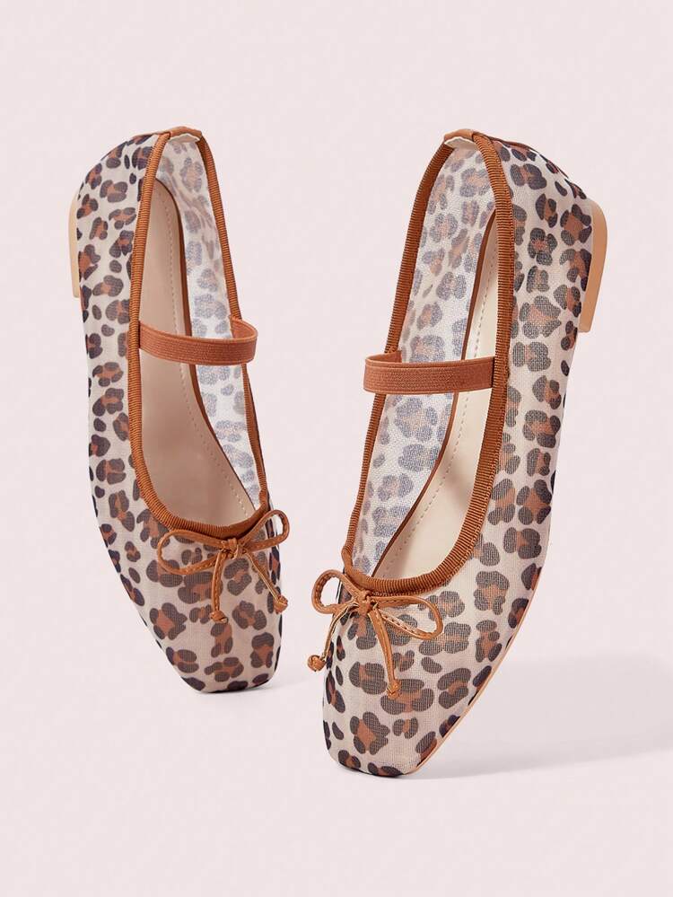 CUCCOO DOLLMOD Brown Leopard Print Mesh Mary Jane Flat Shoes, Cute Sweet For School, Student, Commute, Date, Party, Casual, Holiday Spring Shoes Spring Break Easter