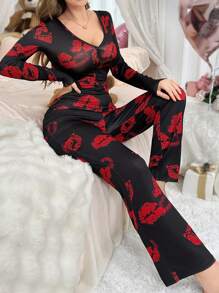 SHEIN 可爱INS红唇少女甜美女士睡衣连体裤，假日季，舒适优雅细节，秋冬皆宜 - 彩色 - 查看 3