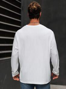 Manfinity Homme Plus Size Men's Solid Color Round Neck Long Sleeve Ribbed Casual T-Shirt, Autumn - White - View 2