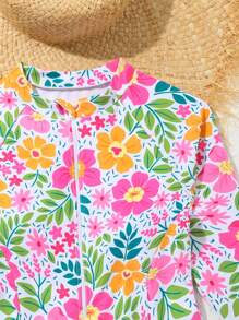 Tween Girl Floral Print Zipper Front Long Sleeve One-Piece Swimsuit, Assorted Print - Multicolor - View 6