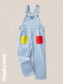 SHEIN 1pc Denim Effect Boys Jumpsuits, Colorful Slogan Letter Patchwork Pocket Overalls, Casual Outfit Suitable For School And Outdoor Play - Blue - View 3