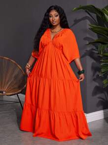 Slaydiva Plus Size Women V-Neck Loose Solid Color Dress, Suitable For Beach, Holiday & Casual Wear,Beach Dress Sundress,Holiday Outfits Boho