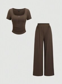 Sweetra 2 件套女士休闲百搭套装，罗纹方领纽扣短袖上衣和松紧腰直筒裤 - 咖啡棕 - 查看 1