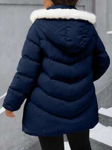 SHEIN LUNE Plus Size Solid Color Fashionable Drawstring New Year Hooded Fuzzy Thicken Quilted Puffer Jacket Mid-Length Padded Padded Coat Clothes Winter For Women