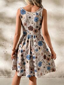 SHEIN Clasi Women's Elegant Square Neck Tank Top Floral Print Fitted Mini A-Line Dress, Casual Summer Vacation Resort Wear