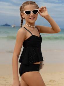 SHEIN Tween Girls Solid Color Hollow Tiered Ruffle Tankini Swimwear Set
