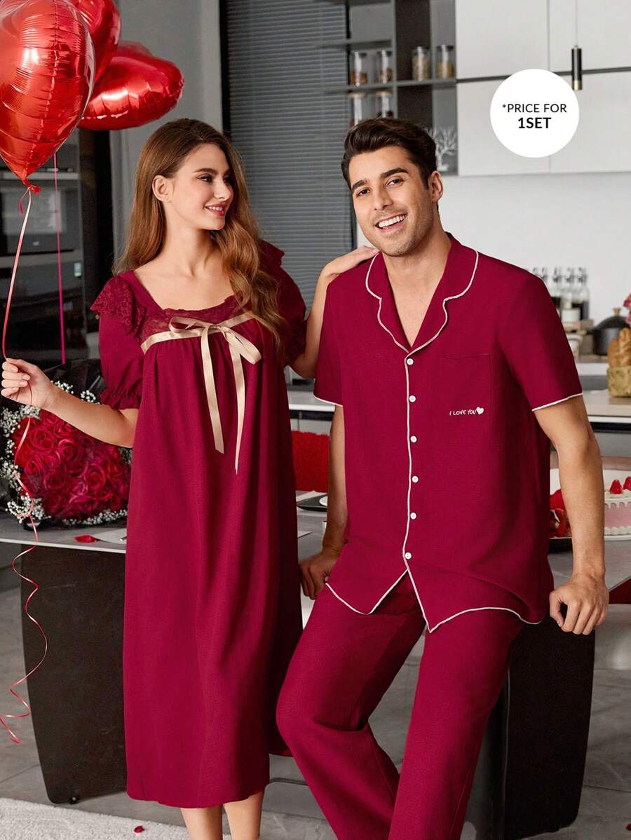 CoupledUp Contrast Color Pocket Short Sleeve Shirt & Pants Men's Sleepwear Set With Letter Embroidery - Red - View 1
