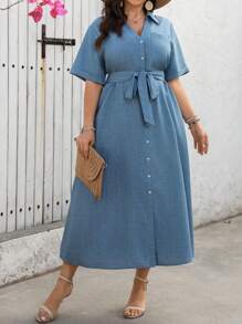 Flirla Plus Size Women's Elegant Casual Vacation Commuter V-Neck Dress With Button Front, Pockets, Rolled Cuffs, Solid Color, Spring/Summer, Long Sleeve