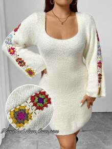 Celure Vestido holgado de punto bordado de colores para mujer de talla grande