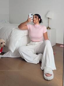 Flirla Plus Size Women Textured Wide Leg Casual Pants, Spring/Summer - White - View 2