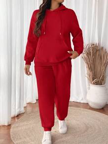 SHEIN VCAY Plus Size Women Solid Color Drop Shoulder Long Sleeve Drawstring Hoodie & Sweatpants Casual Suit
