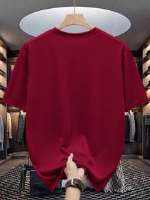 Manfinity Dauomo 男士休闲圆领简约时尚 T 恤，日常穿着 - 紅色 - 查看 2