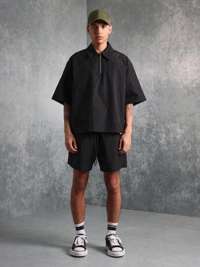 SUMWON Designer Half Zip Boxy Shirt Shorts Set Athletic Leisure Co-Ord Two Piece Matching Summer Streetwear Casual Sports Training Urban Fashion Set