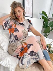 SHEIN Elegant Women's Round Neck Loose Fit Floral Print Short Sleeve Nightgown Perfect Summer, Moo Moo - Multicolor - View 6