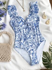 SHEIN 少女蓝白瓷花卉印花扭纹前 V 领吊带背心海滩度假泳衣，适合海滩、情人节、优雅、波西米亚风/复古 - 藍白色 - 查看 2