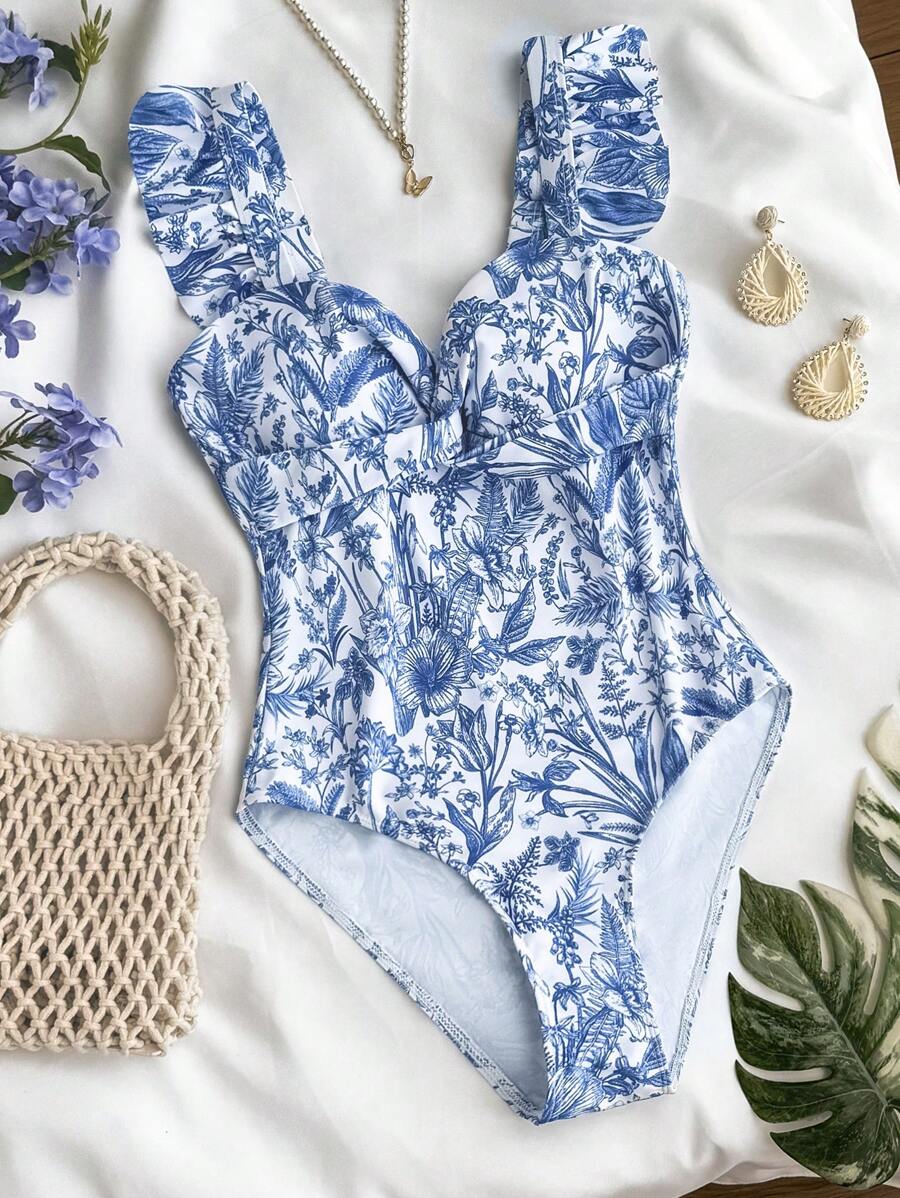 SHEIN 少女蓝白瓷花卉印花扭纹前 V 领吊带背心海滩度假泳衣,适合海滩、情人节、优雅、波西米亚风/复古 - 藍白色 - 查看 1