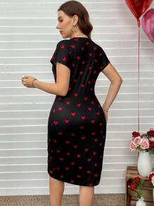 SHEIN LUNE Vestido de manga corta con nudo en la cintura en color negro con diseño de corazón para mujer de talla grande, ideal para el Día de San Valentín, el amor, la primavera y el verano, regalo y atuendo de San Valentín